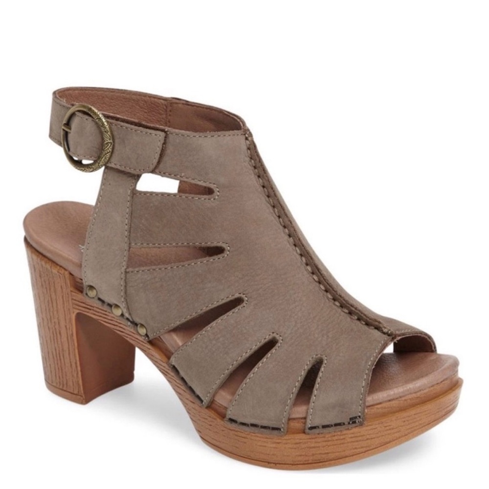 Dansko Women's Demetra Peep Toe Sandal Taupe Milled Nubuck Platform Heels 8